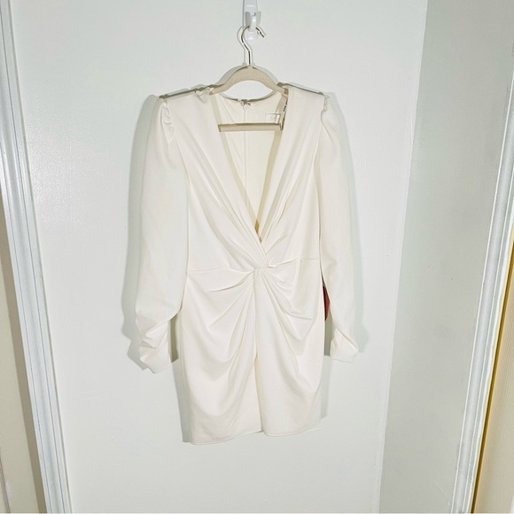 NEW Tadashi Shoji Sabine Plunge V-Neck Twist-Front Long-Sleeve Mini Dress White - Picture 3 of 12